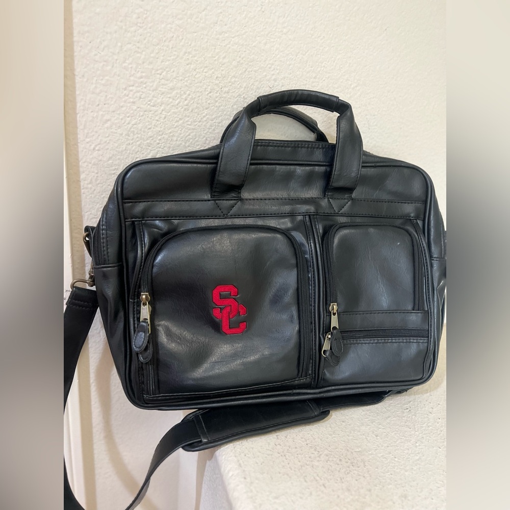 USC Logo  Black Leather‎ Briefcase Pocket Multi Compartments Portfolio Work Bag